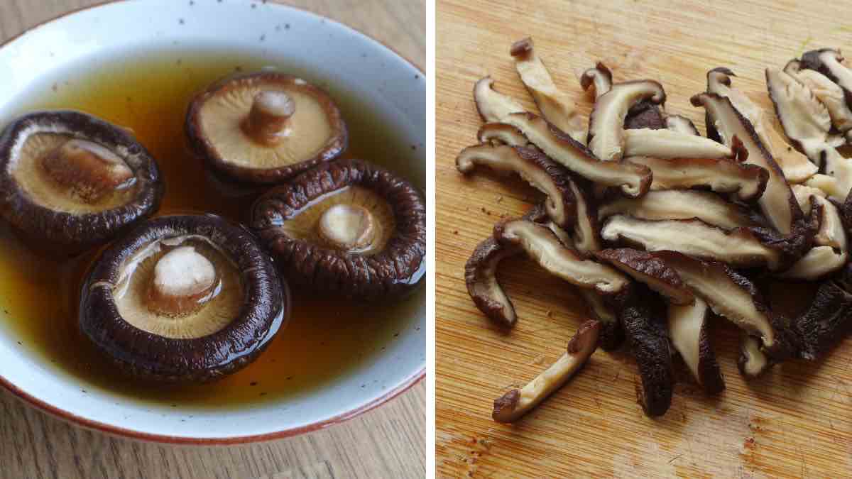 soaking and cutting shiitake mushrooms.