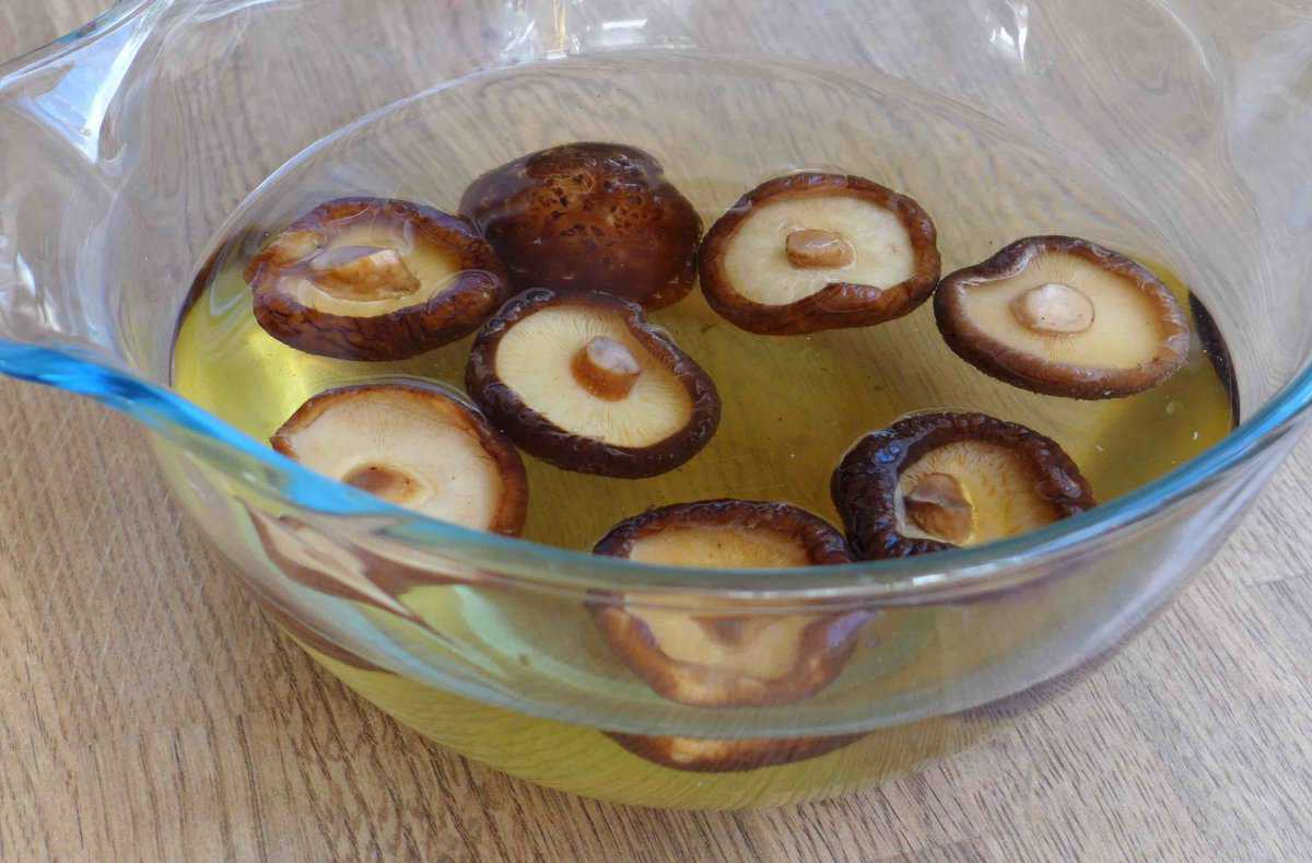 soaking shiitake mushrooms in water.