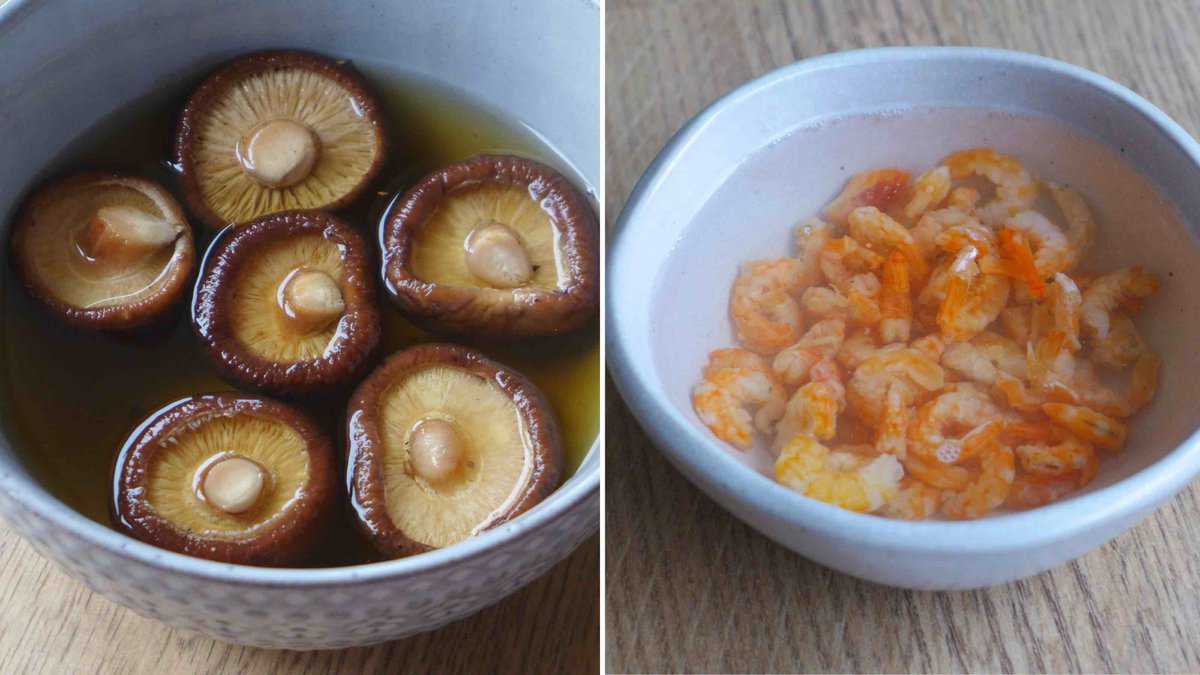 soaking dried shiitake mushrooms and dried shrimp in water.
