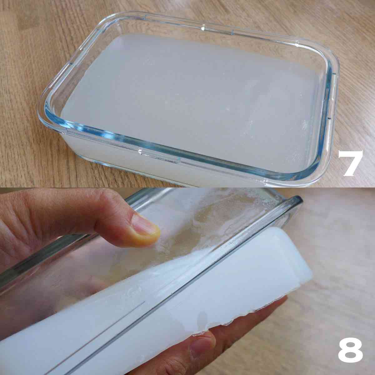 Mung bean jelly solidified in a container.