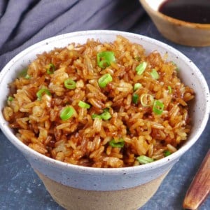 Chinese soy sauce fried rice in a bowl.