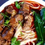A bowl of Sichuan style beef noodle soup