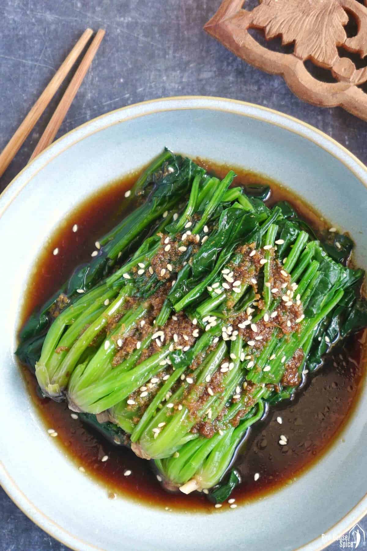 blanched spinach with a ginger soy dressing.