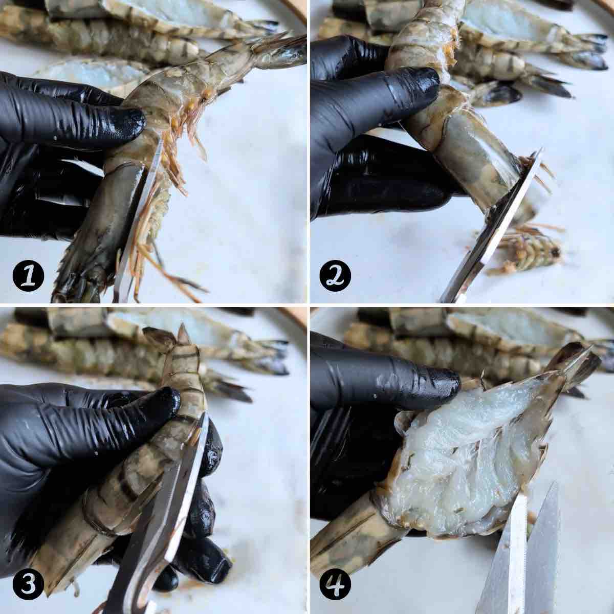 cutting and splitting shrimp.