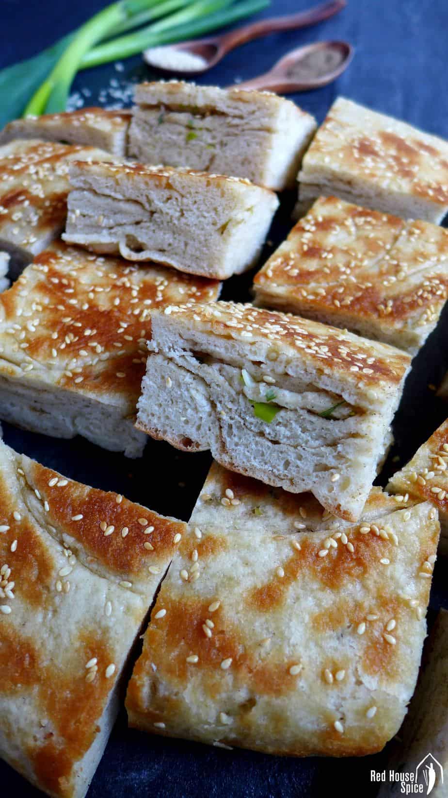 Pieces of scallion flatbread