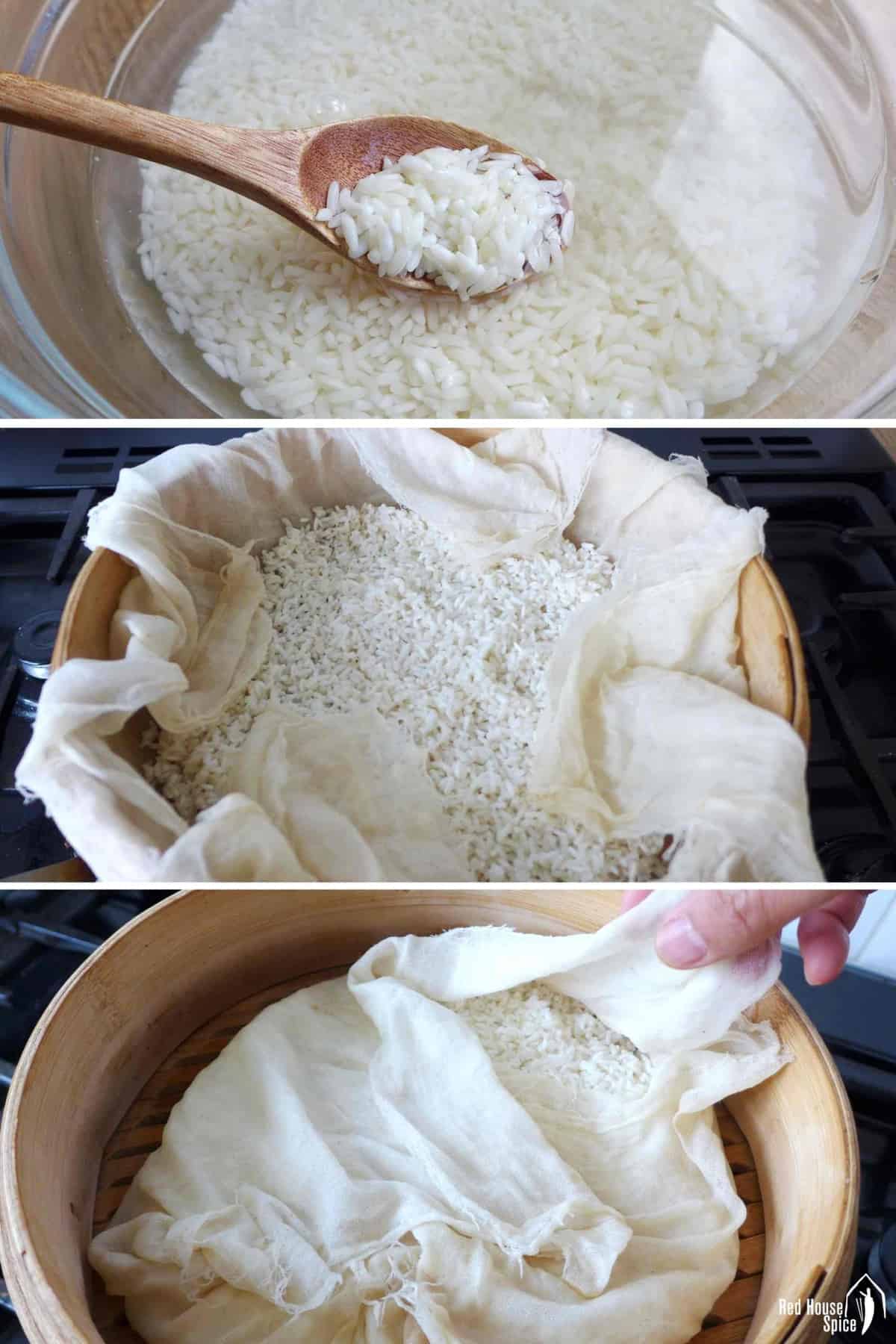 A collage of three images showing sticky rice in water, sticky rice over muslin cloth and covering rice with the muslin cloth.