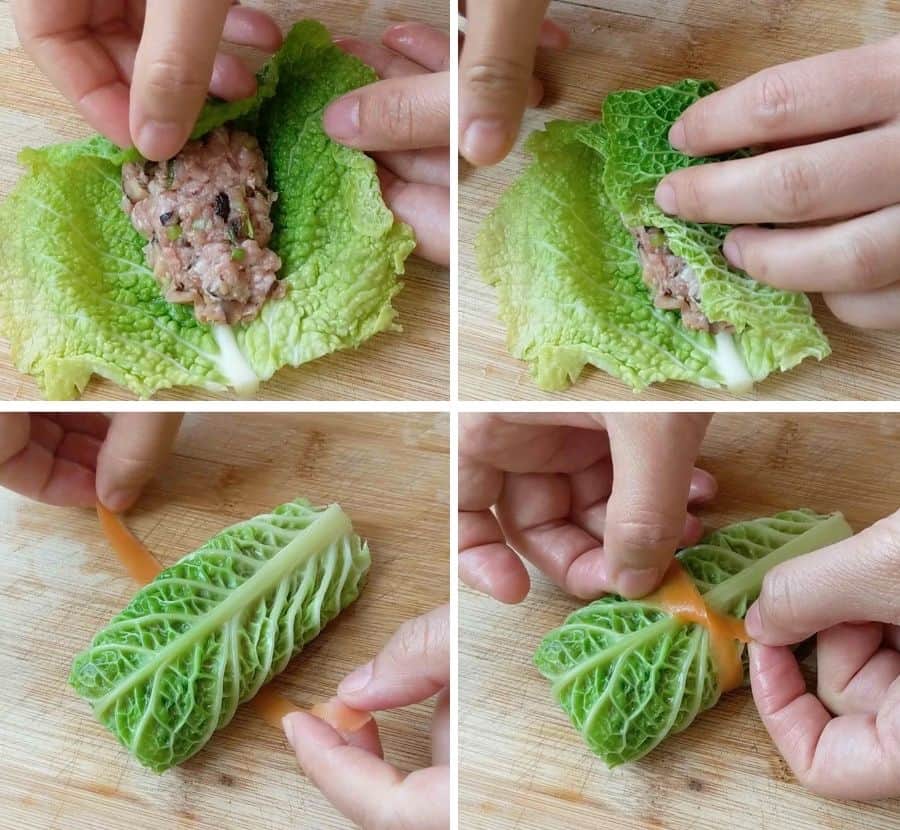 Wrapper meat filling with a cabbage leaf