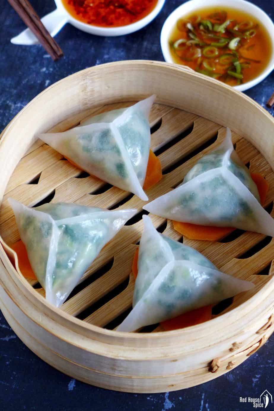 Crystal dumplings in a steamer basket