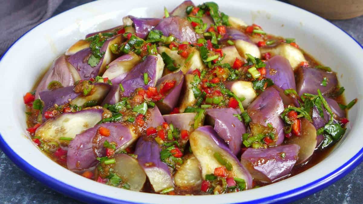 a plate of steamed eggplant with chili garlic dressing