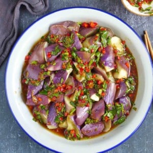 a plate of steamed eggplant with chili garlic dressing