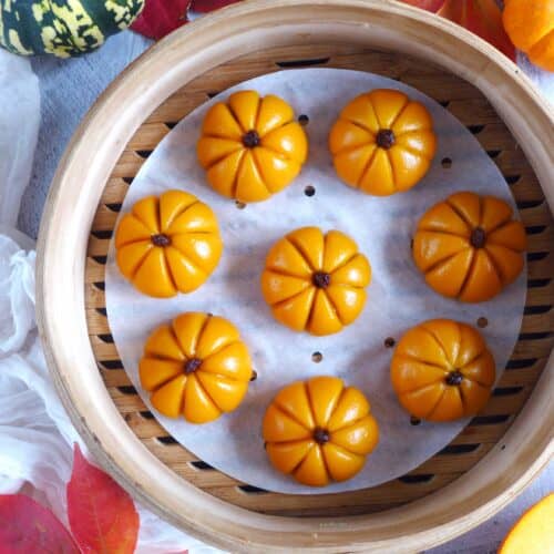 pumpkin mochi cakes in a steamer
