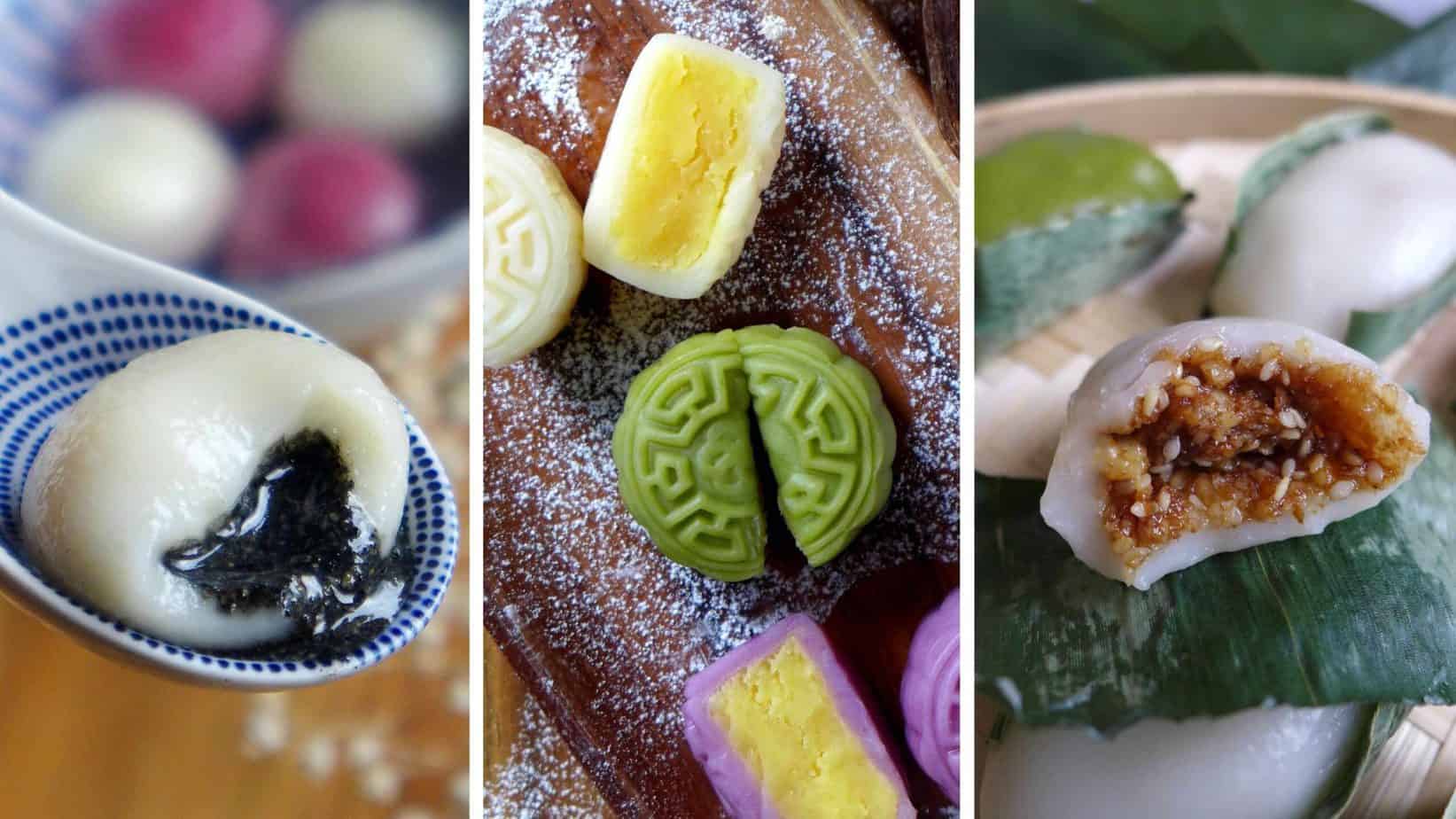 Three Chinese dessert stuffed with sweet fillings.