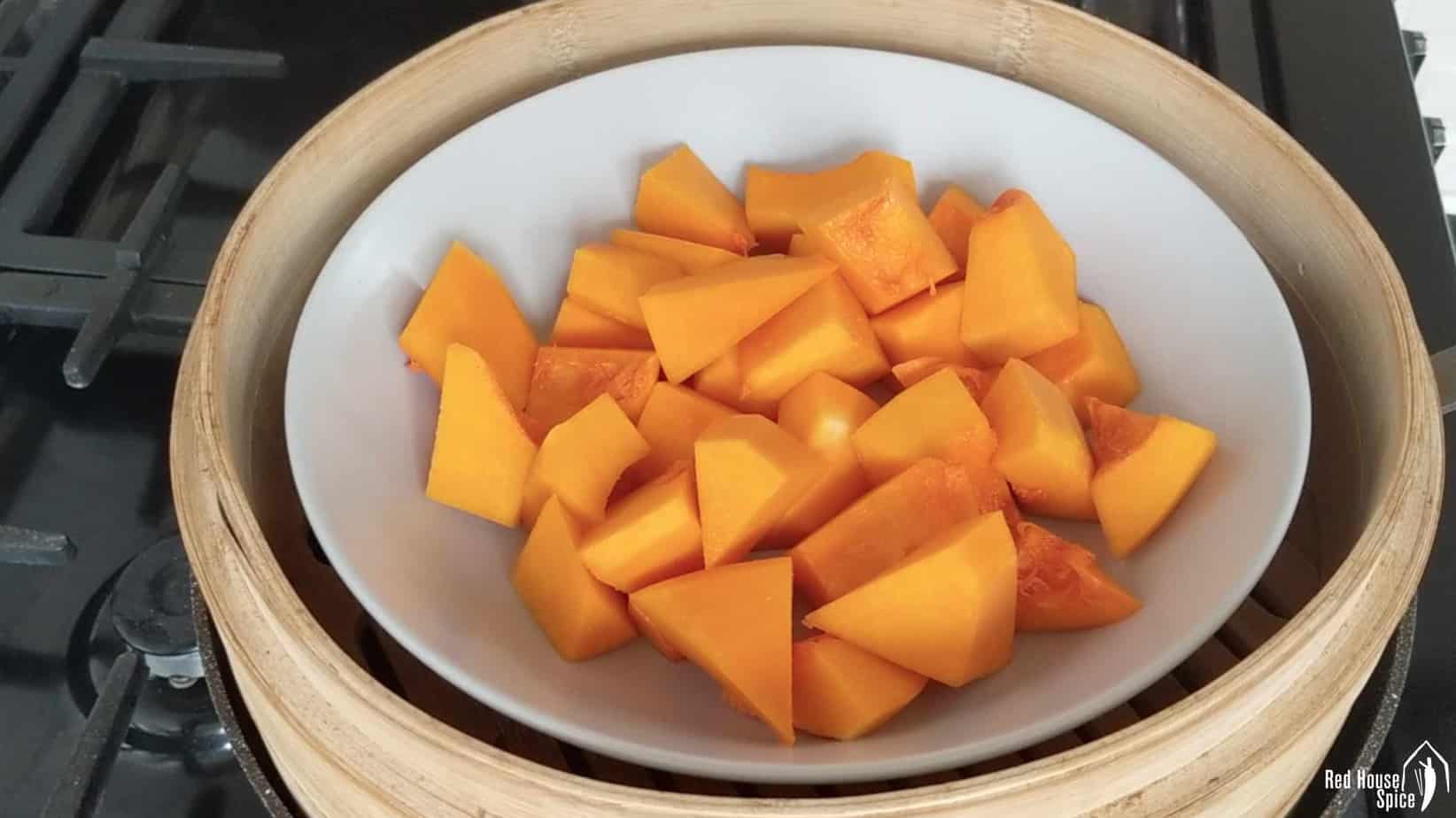 Chunks of butternut squash in a steamer