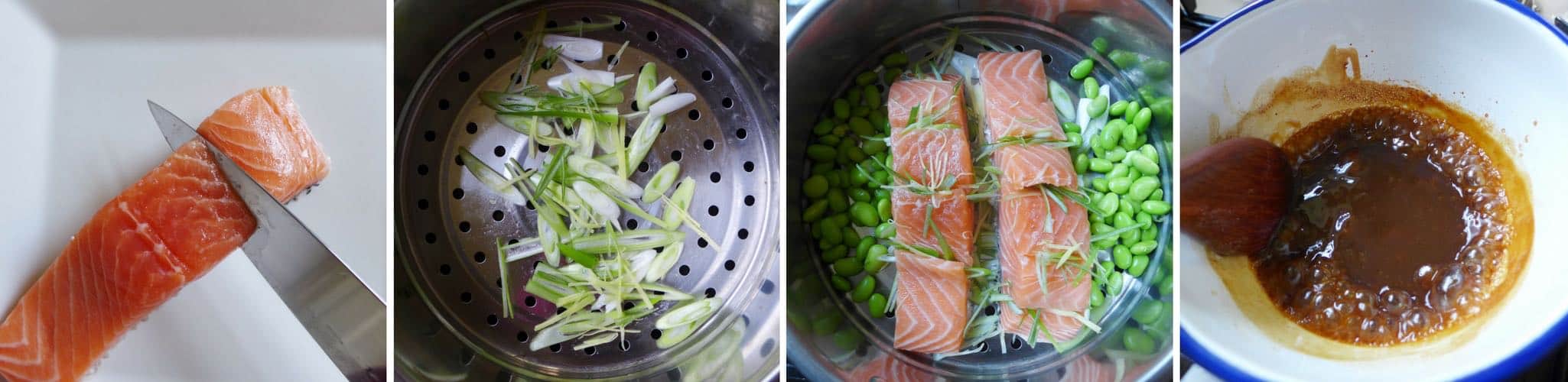 A healthy, tasty dish ready in 10 minutes. Steamed salmon fillets with homemade spring onion oil is aromatic, moist and tender.