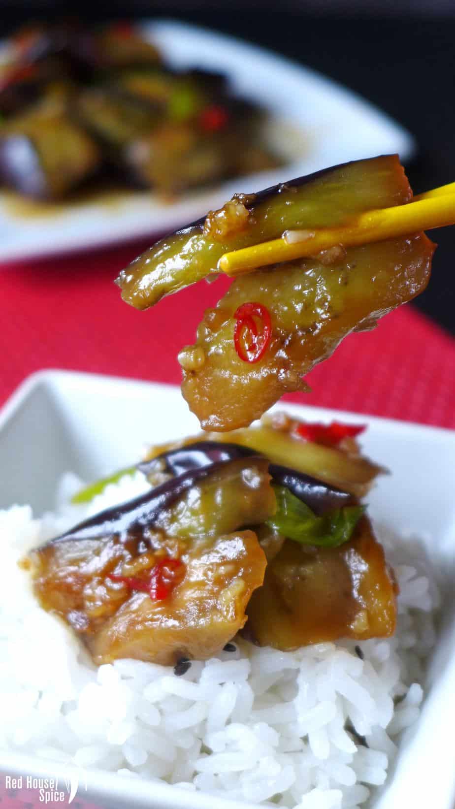 stir-fried eggplant over rice