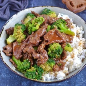 beef and broccoli stir-fry over steamed rice.