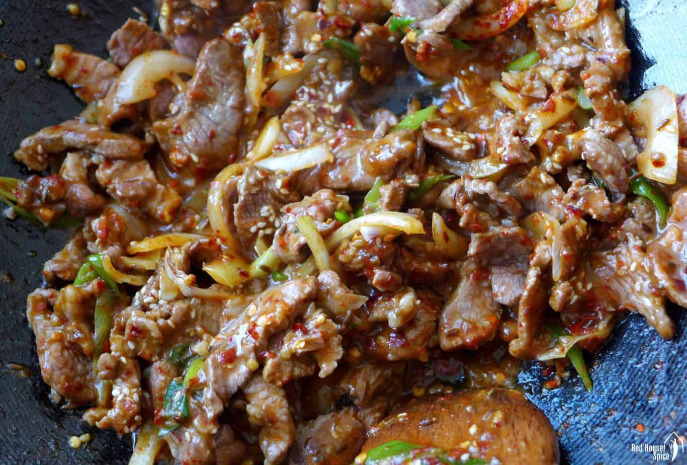 Stir-frying lamb