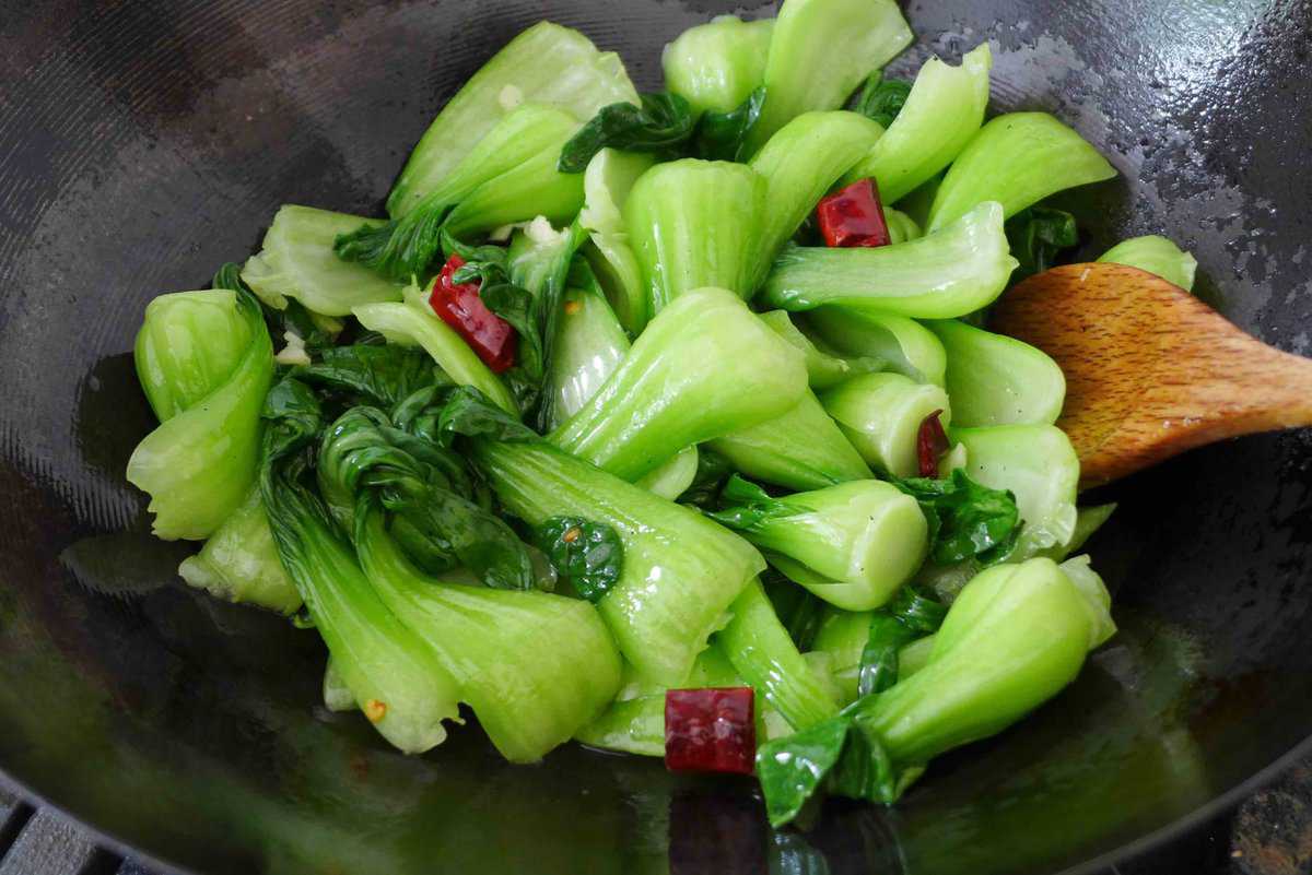 frying Bok Choy in wok