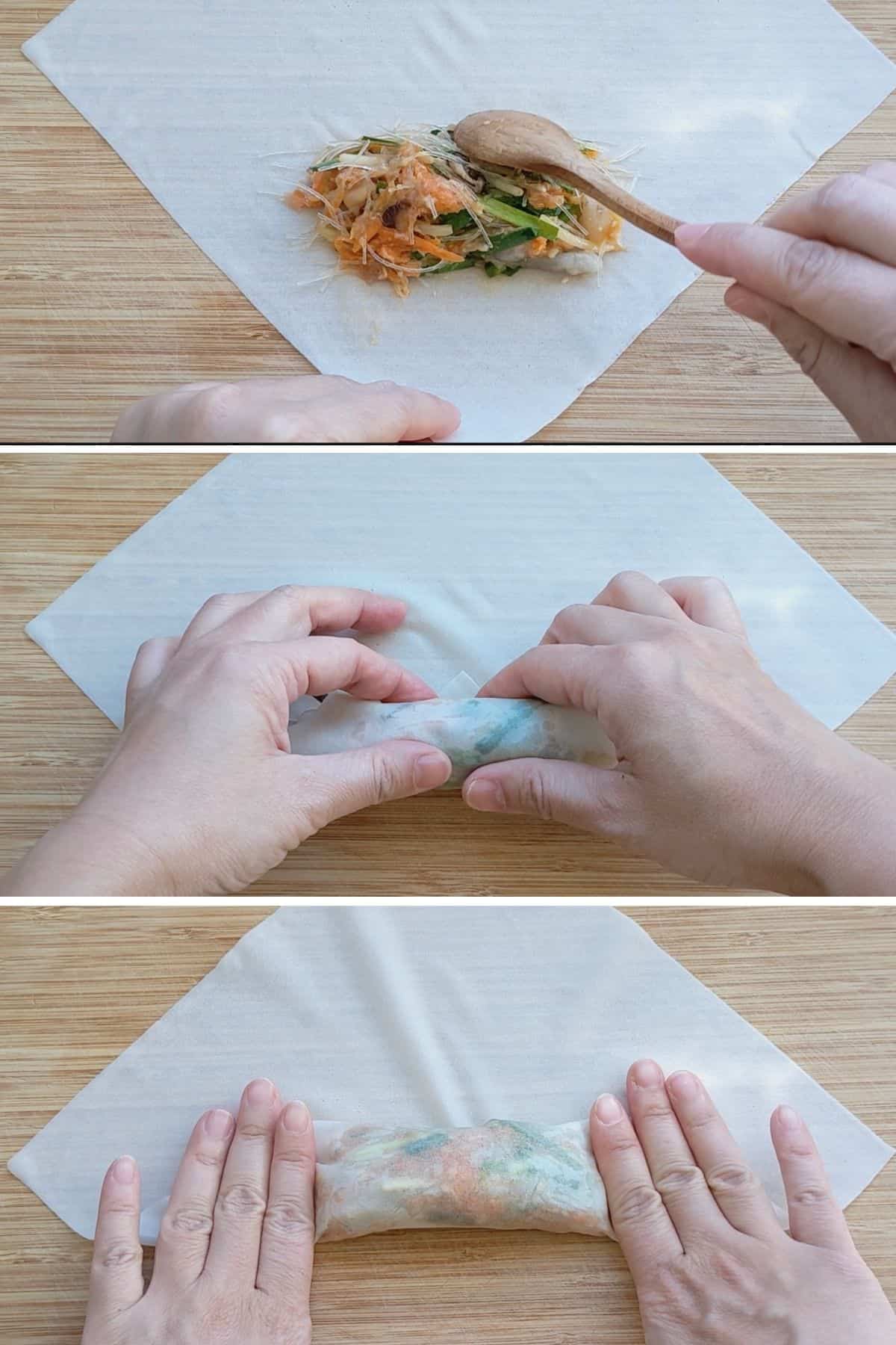 wrap filling with a spring roll wrapper