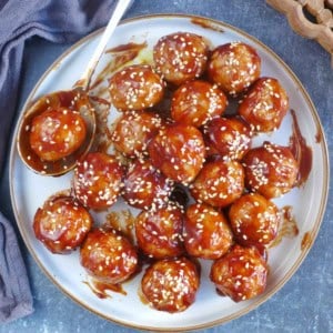 Chinese sweet and sour meatballs on a plate.