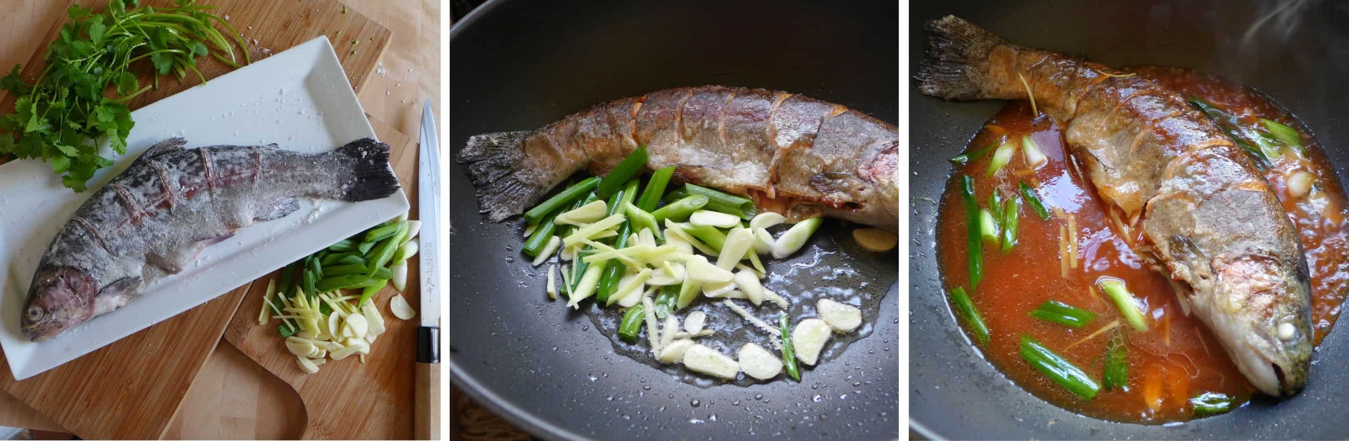Frying fish in a wok