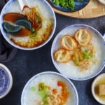 three bows of congee with overlay text that says Chinese rice porridge