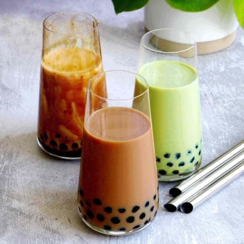 Three glasses of bubble tea: classic, brown sugar and matcha
