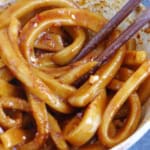 A bowl of Tian Shui Mian with thick sauce.