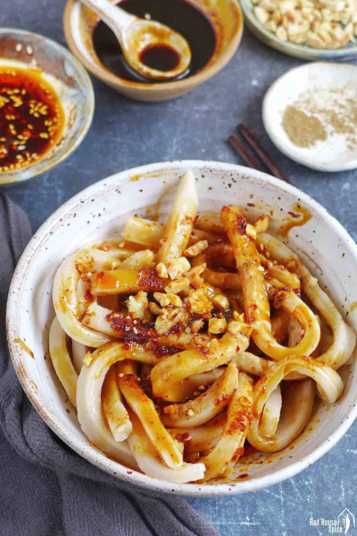 Sichuan Tian Shui Mian with seasonings on the side.