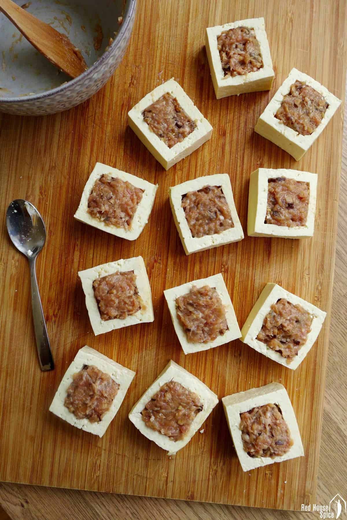 tofu blocks stuffed with a pork and shrimp filling