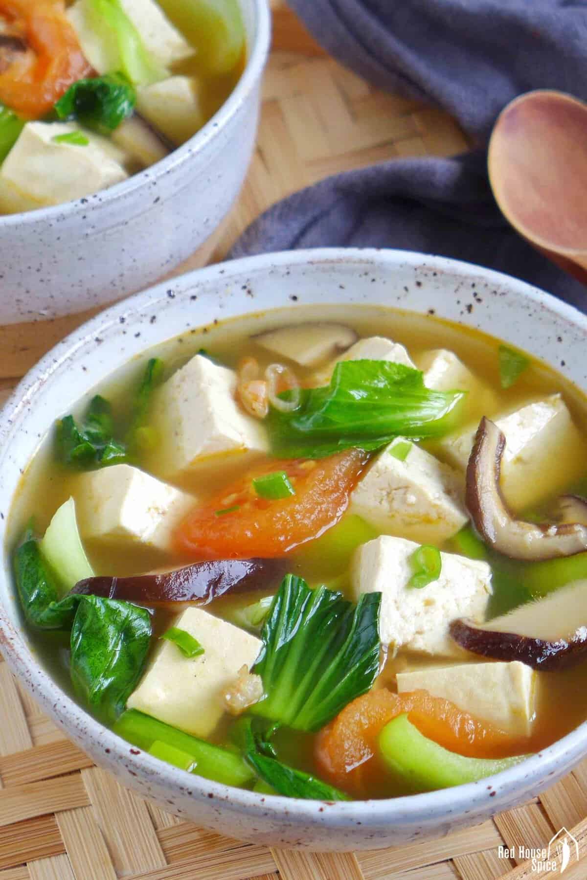 tofu and vegetable soup in two bowls.