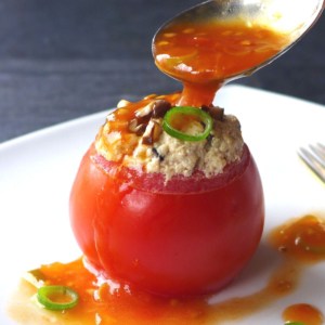 A tomato stuffed with tofu