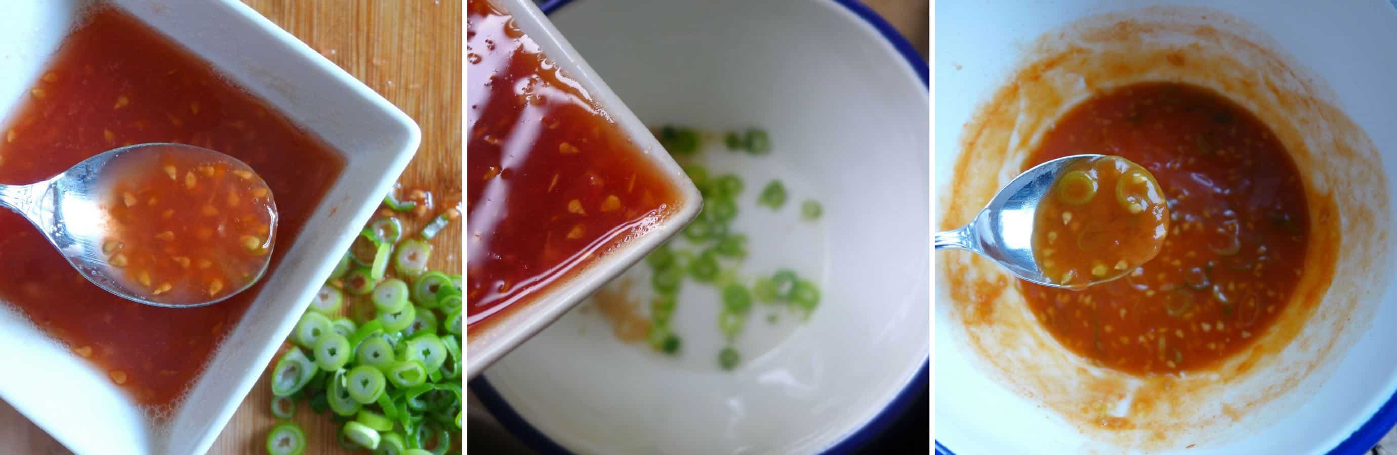 Juicy tomatoes are hollowed and steamed with well seasoned tofu crumbs, then served with a sweet and sour sauce made from the pulp of the tomatoes.