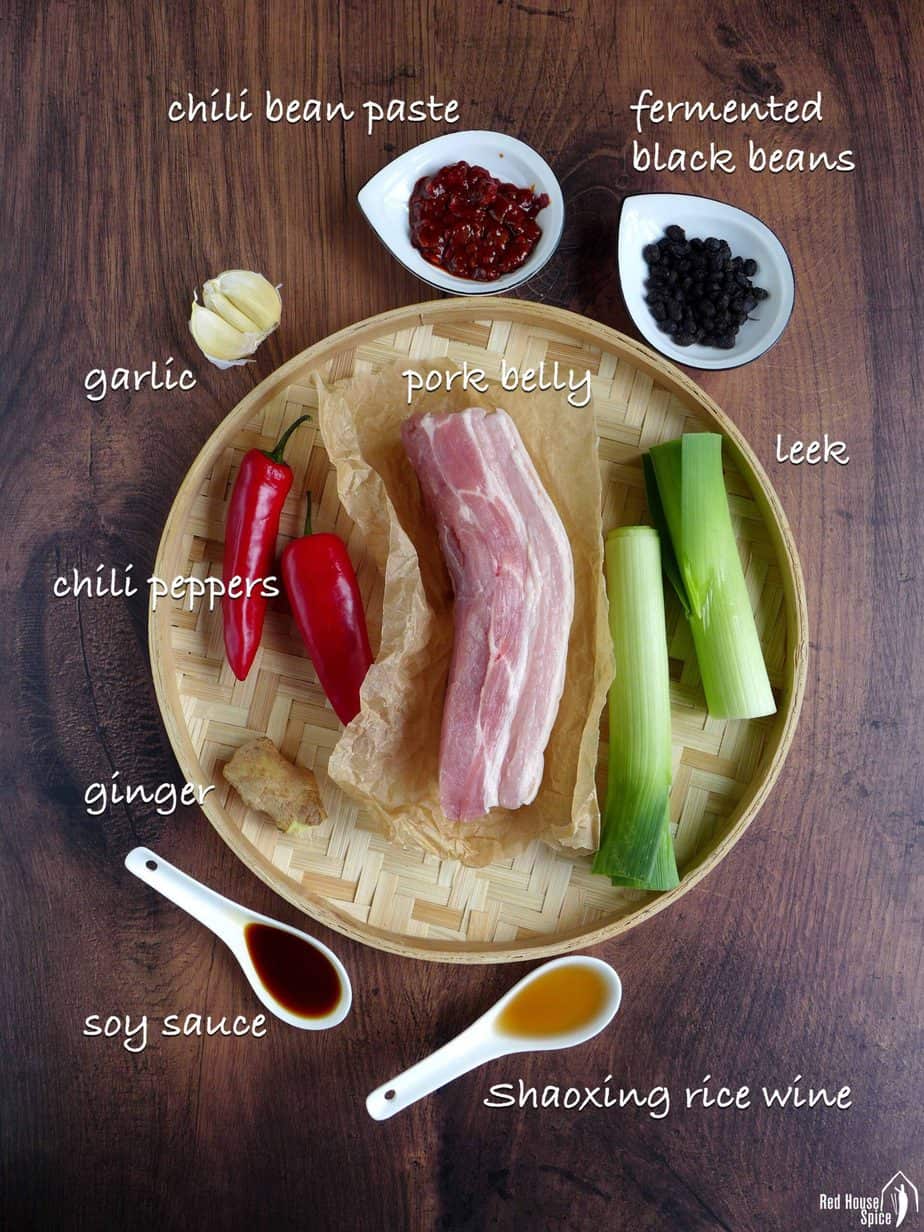 Raw ingredients for making Chinese twice cooked pork