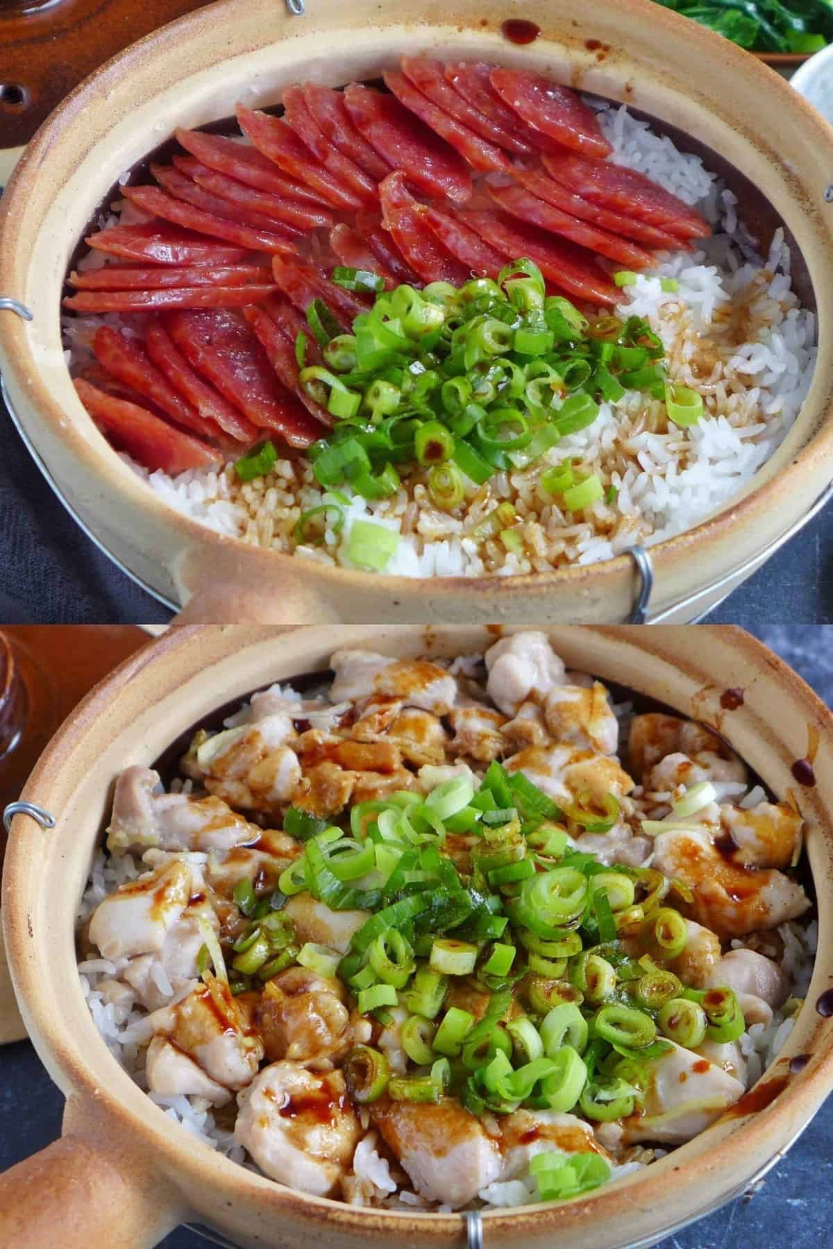 chinese sausage clay pot rice with chicken clay pot rice.