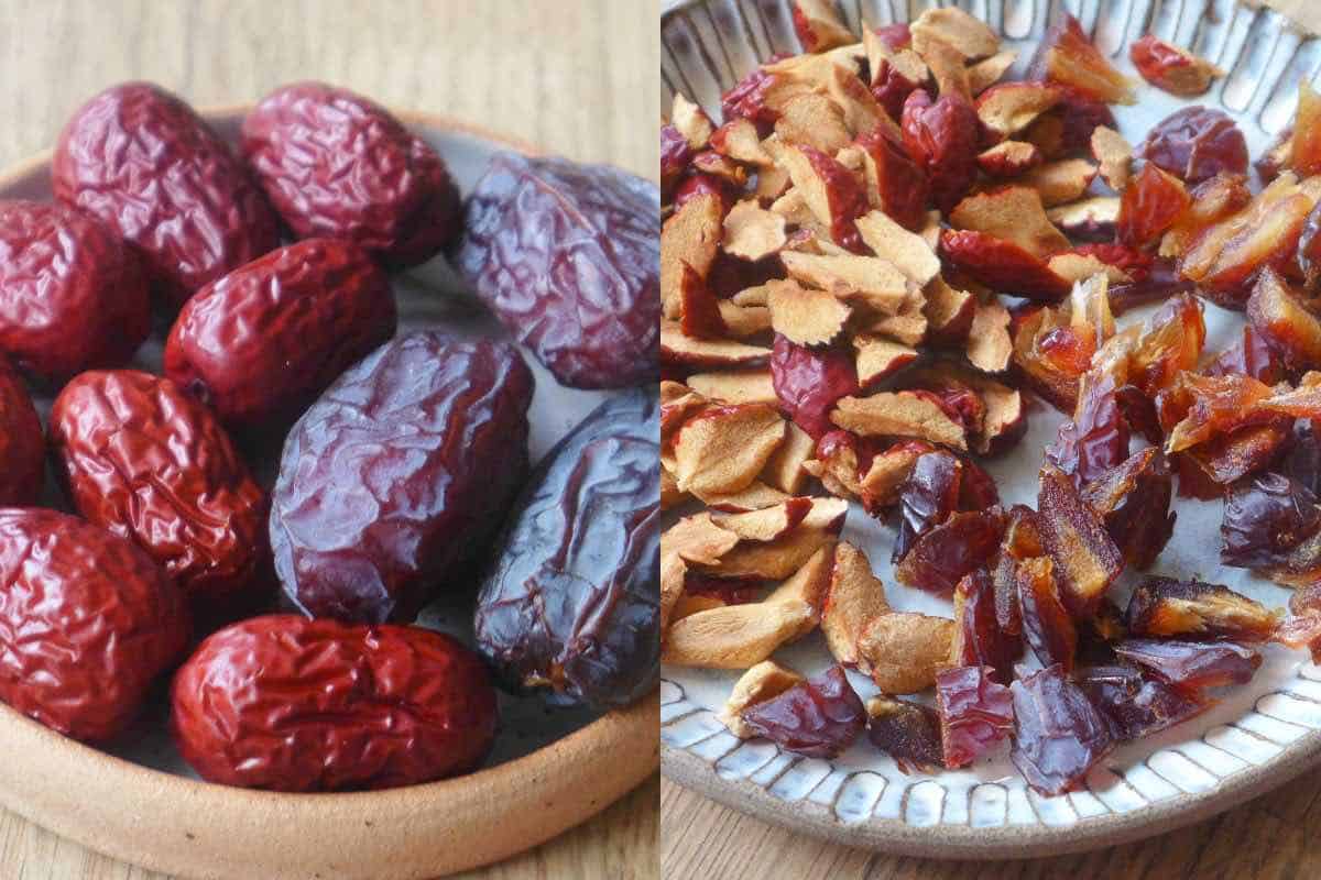 Chinese dates and medjool dates chopped into pieces.