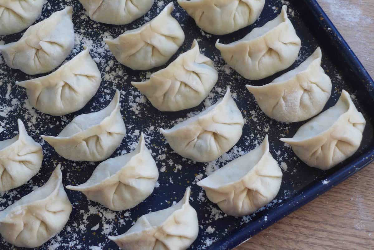 uncooked dumplings on a tray.