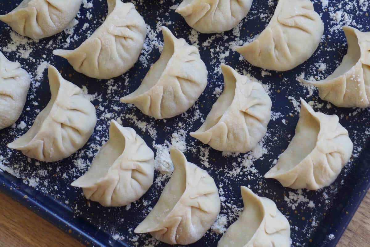 uncooked dumplings on a tray.
