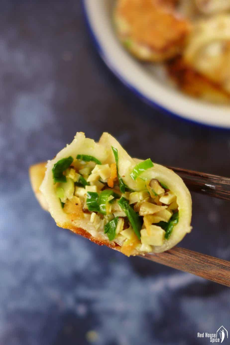 A half eaten dumpling filled with tofu & vegetables.