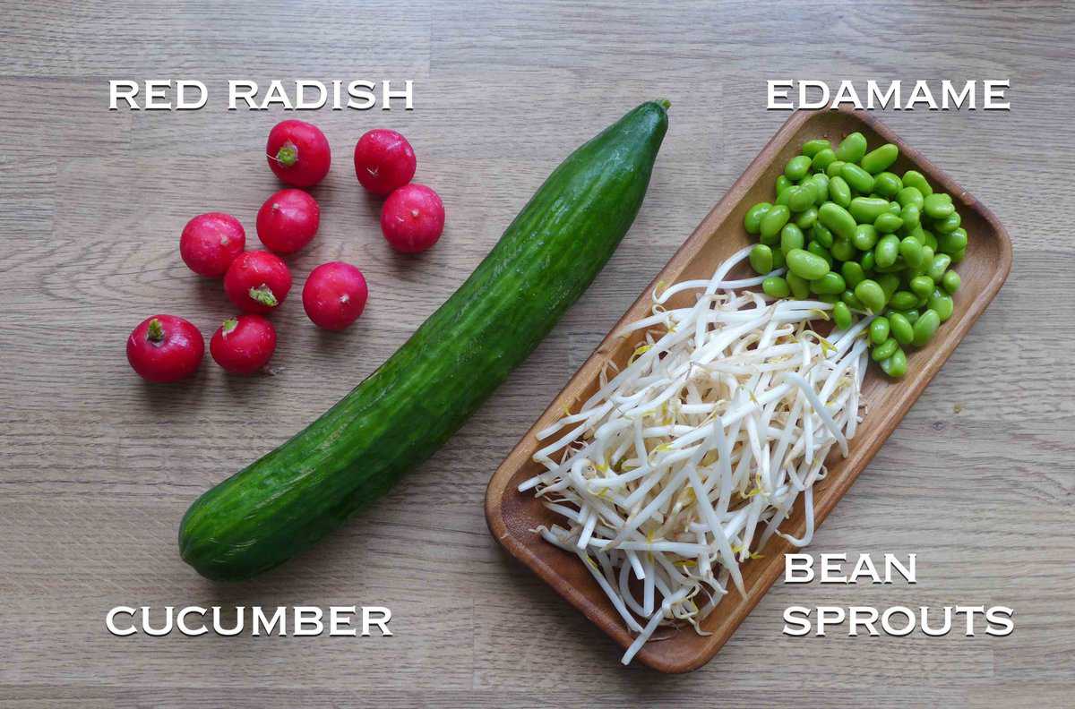 radish, cucumber, edamame and bean sprouts.