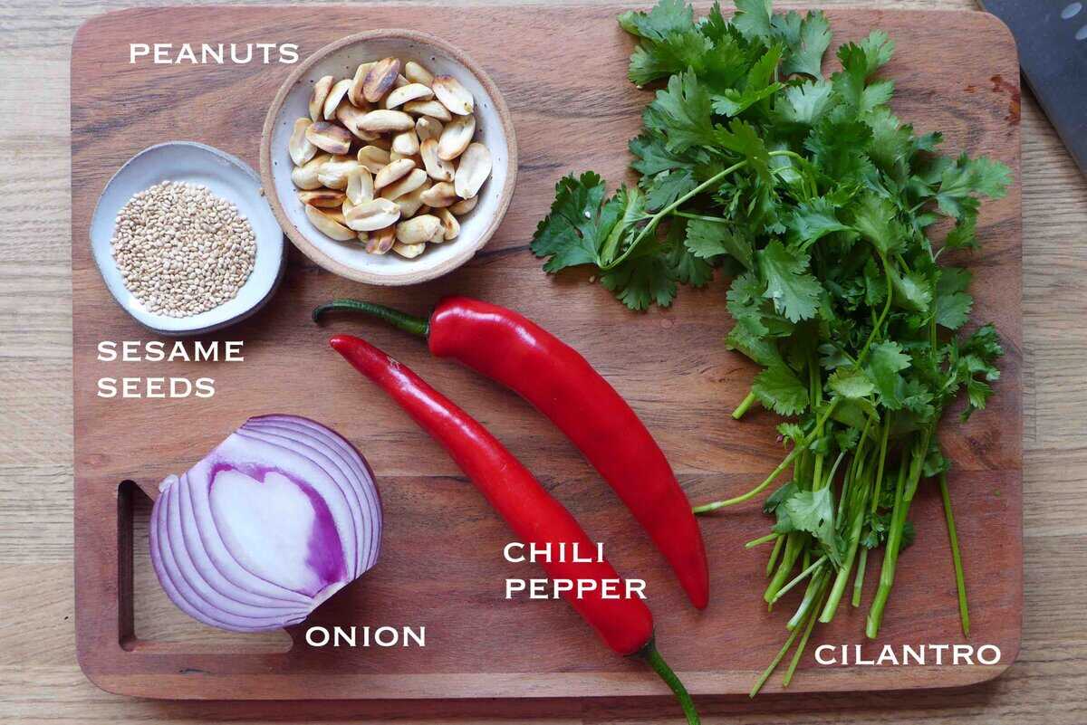 cilantro, chili, onion, peanuts, and sesame seeds.