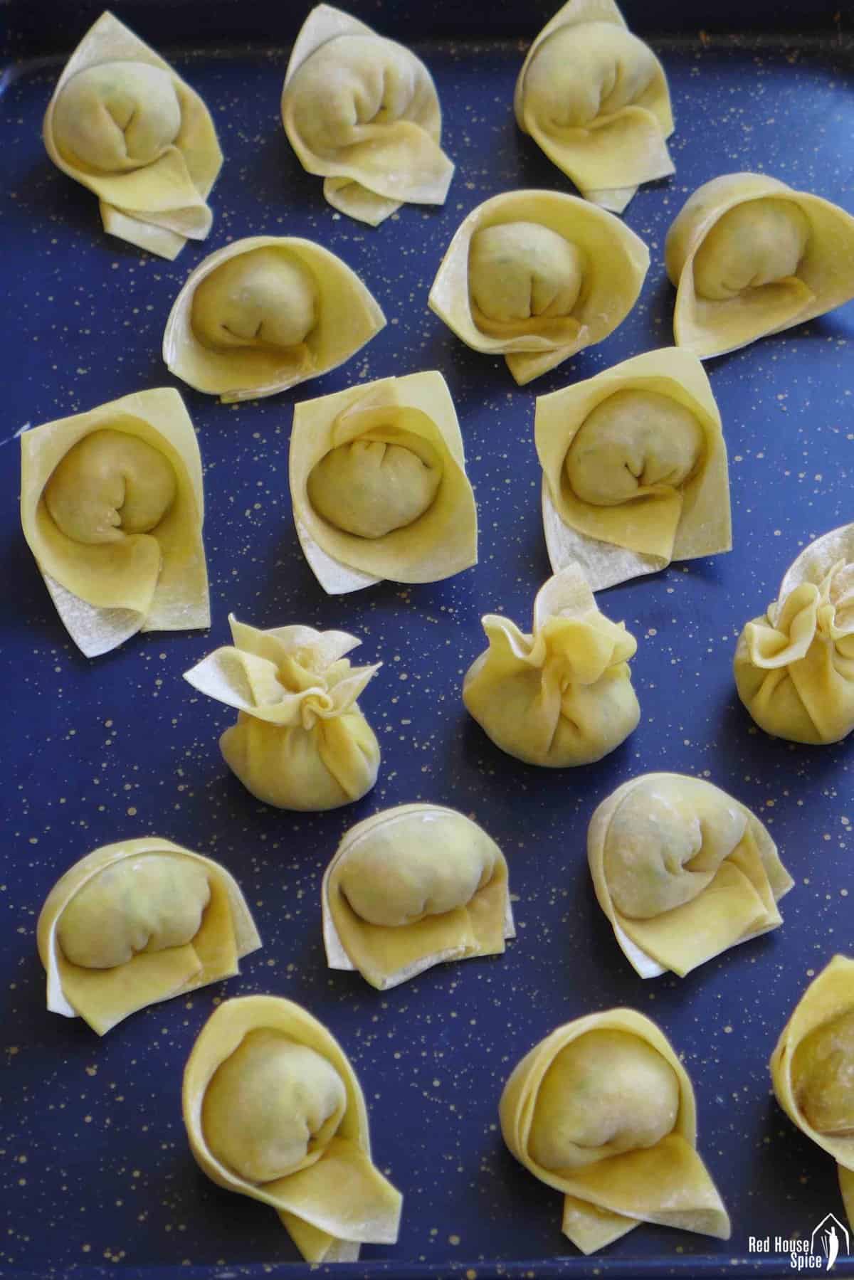 Wontons folded in six ways.