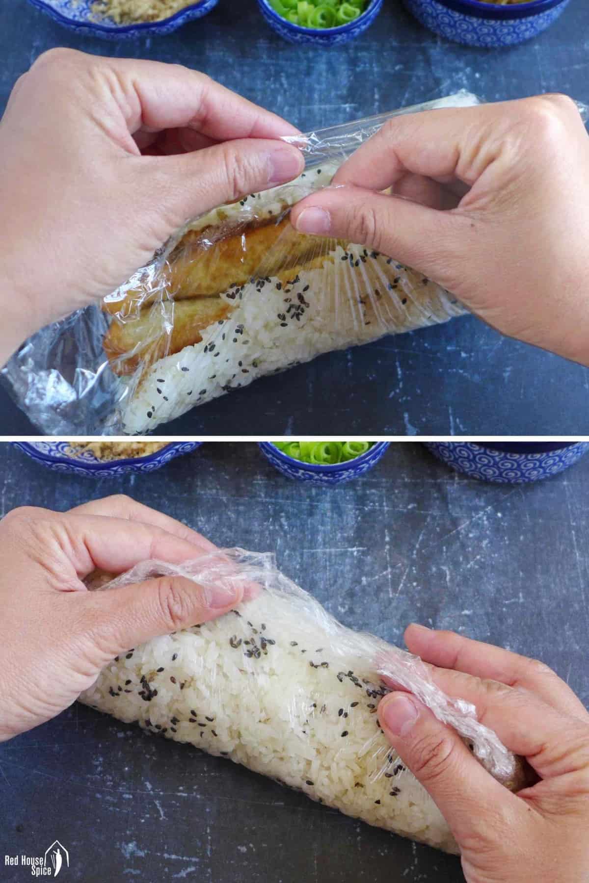 wrapping rice with cling film into a roll 
