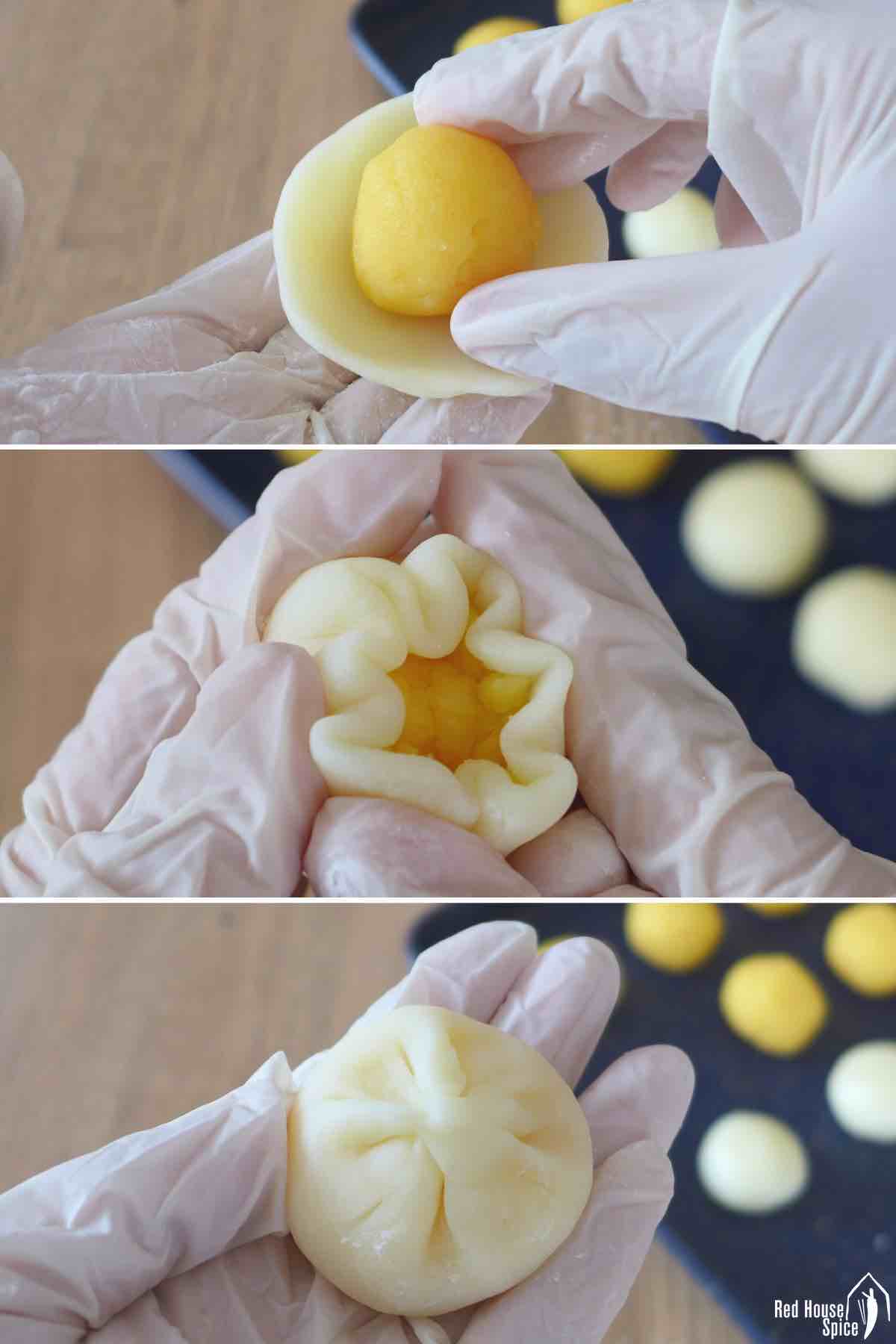 Wrap custard filling with a piece of mooncake dough.