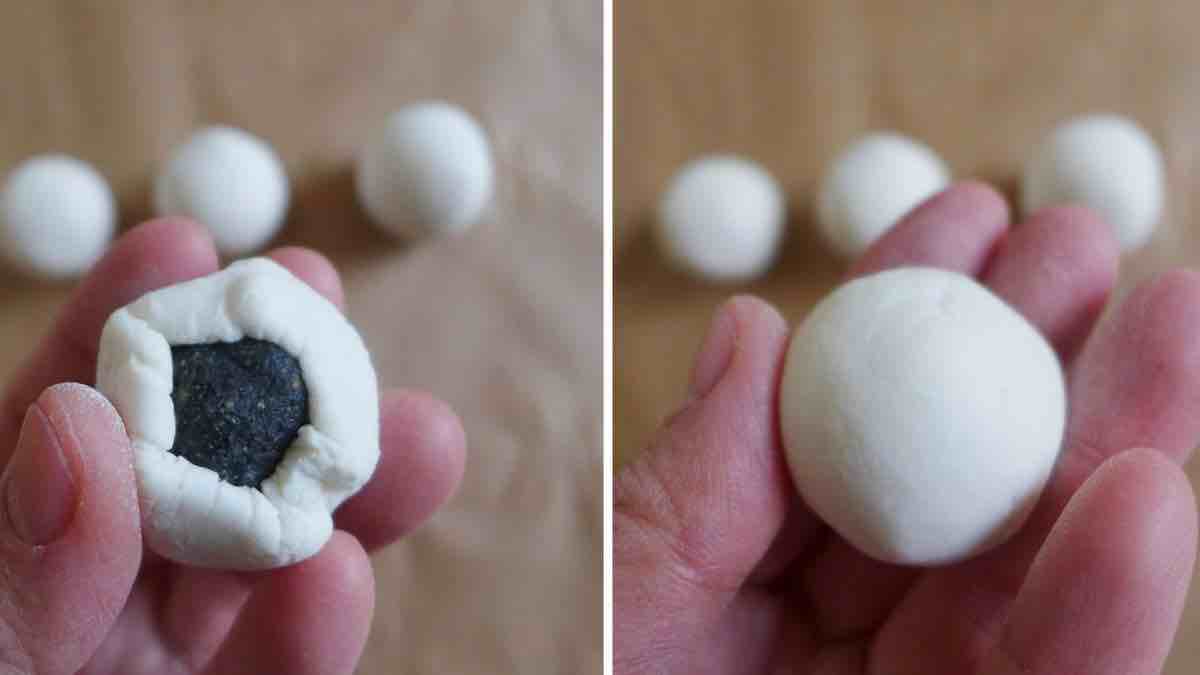 wrapping black sesame paste with dough.