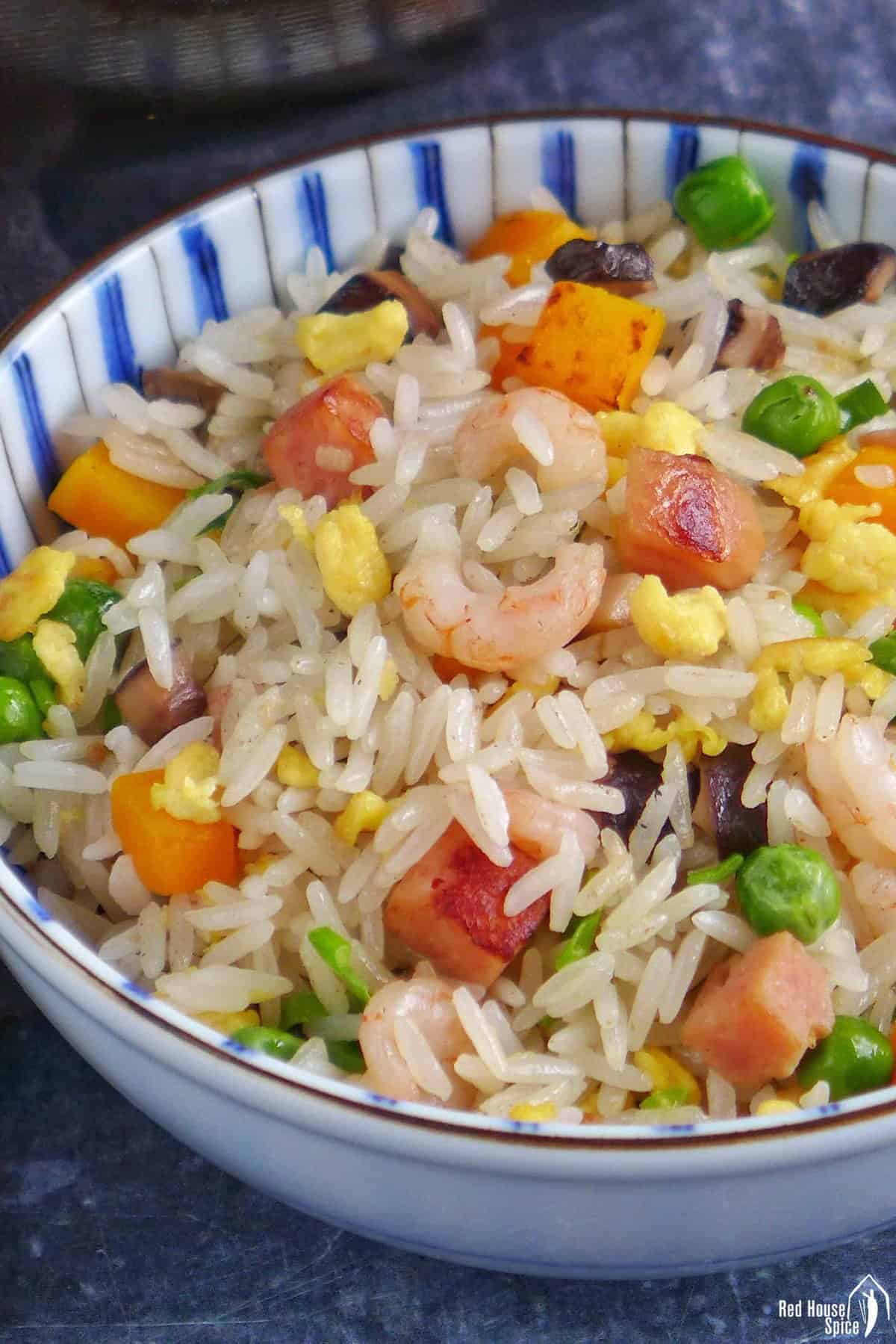 Yangzhou fried rice in a bowl.