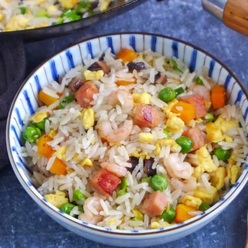 Yangzhou fried rice in a bowl.