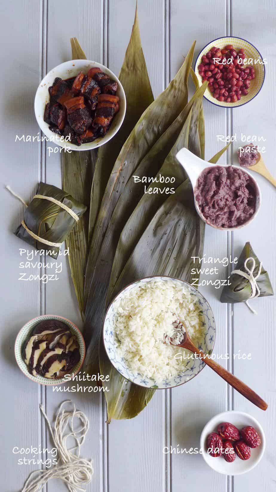 Bamboo leaves & ingredients for making Chinese sticky rice dumplings.