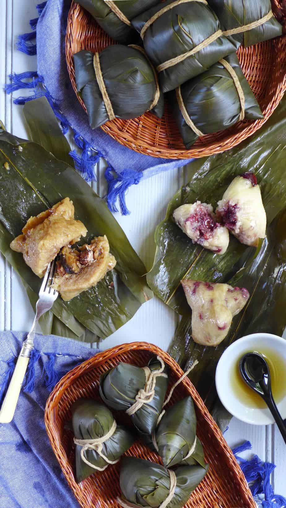 Sweet and savoury Zongzi. Some wrapped and some unwrapped.