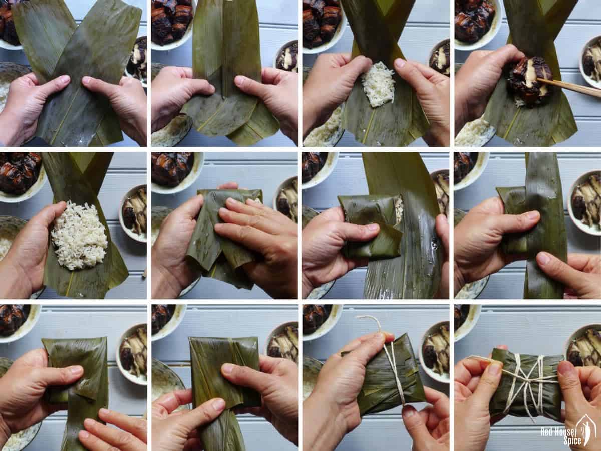 Process shots on how to wrapper sticky rice dumplings.